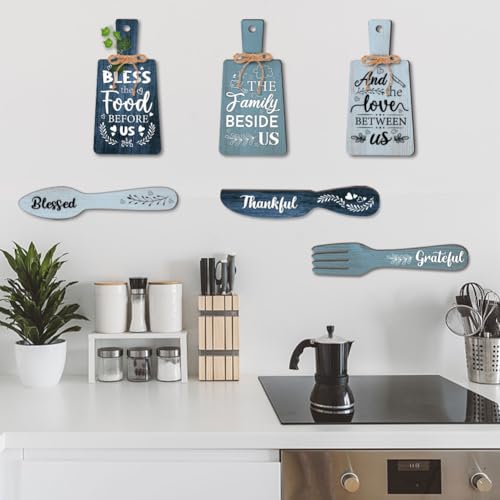 PH PandaHall 6pcs Kitchen Wall Decor Bless Food Sign Set Wall Table Accessories Wooden Pendant Decorations Mini Plaque Fork Spoon Shape Sign Rustic Style Home Dector Blue, 11x5.5 inch/11.8x2 inch - Image 7