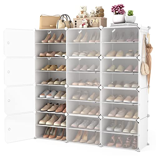 Image of Portable Shoe Rack Organizer with Door, 48 Pairs Shoe Storage Cabinet Easy Assembly, Plastic Adjustable Shoes Organizer Stackable Detachable Free Standing Shoes Rack White