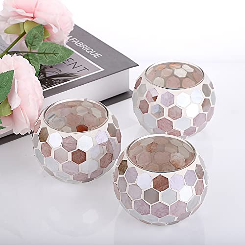 Ownmy Set Of 3 Mosaic Glass Tea Light Holders Round Bowl Votive Candle Holders Pillar Candle Stands, Glass Mosaic Tealight Holders Potted Plant Bowl Vase Candle Centerpiece For Dining Table Wedding #TOP5