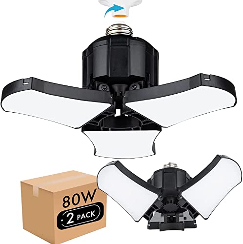 2-Pack Led Garage Lights, 80W Led Shop Light 5000K 6000Lm Three-Leaf Garage Ceiling Light Fixtures,Adjustable Multi-Position Panels，E26 Base,Led Glow Light For Garage, Workshop Attic And Basement #TOP21