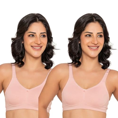 Image of INKURV Seamless Non-Padded Bra for Women | Non-Wired Cotton Full Coverage T-Shirt Bra | Thin Adjustable Straps | Double Layered Cups | Anti Sag Lift Up Support | Luna Combo of 2 (M.Pink M.Pink 34B)