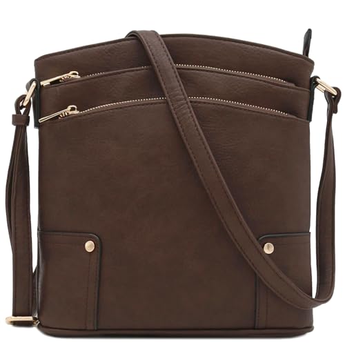 ALYSSA Triple Zip Pocket Large Crossbody Bag (Coffee)