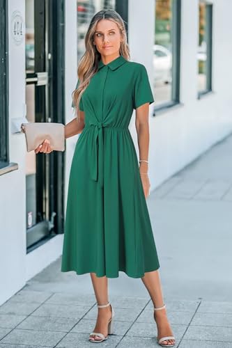 Image of Newshows Women's Work Business Casual Outfits Tie Waist Midi Shirt Dress | Lightweight & Breathable Easy-care Fabric, Side Pockets, Decent Professional Attire, Church Office Funeral Outfits