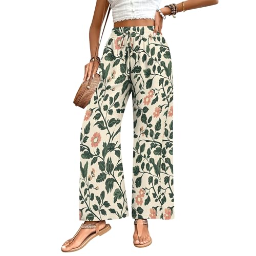 Womens Summer New Floral Palazzo Pants Boho Trendy Elastic High Waisted Drawstring Lounge Work Wide Leg Pants 20252