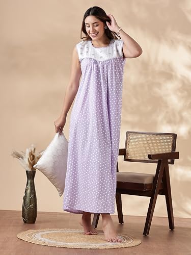 Image of 9shines Label Cotton Sleeveless Nighty | All Over Print Maxi Night wear for Women | Full Length Night Gown Night Dress for Women Stylish (Cotton Sleeveless 25)