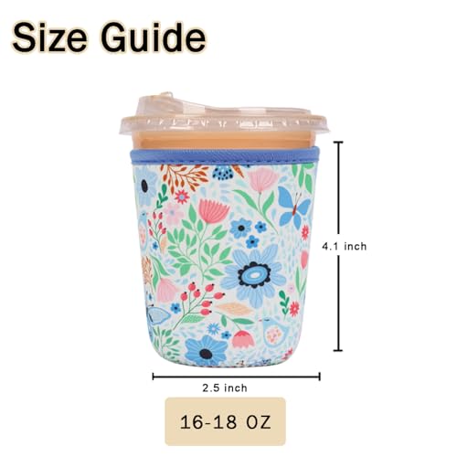 Image of Reusable Insulated Sleeve for Iced Coffee Cup, Coffee Neoprene Sleeve for Cold & Hot Drinks, Beverage Holder for Iced Coffee (Butterfly Bloom, Small: 16-18oz)