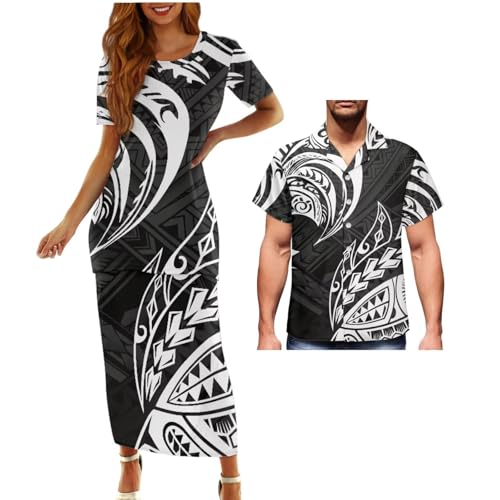Couples Matching Puletasi Dress and Hawaiian Shirt Polynesian Traditional Print Aloha Shirt Two-Piece Dress Outfit