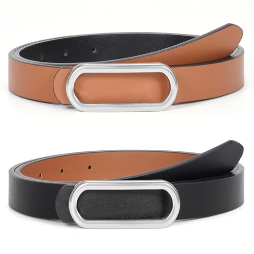 Reversible Leather Belt for Dresses Women Jeans Pants Ladies Skinny Belts Thin with Gold Silver Buckle,1 Pack