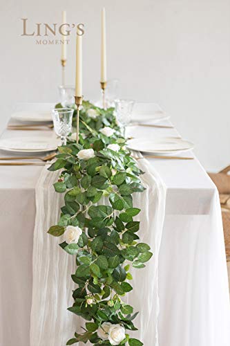 Ling's Moment Artificial Rose Leaf Greenery Garland With Flower 6Ft, 2Pcs Fake Vine Real Touch Silk Wreath For Lanterns Decoration Diy Wedding Arch Table Centerpieces Floral Arrangement #TOP7