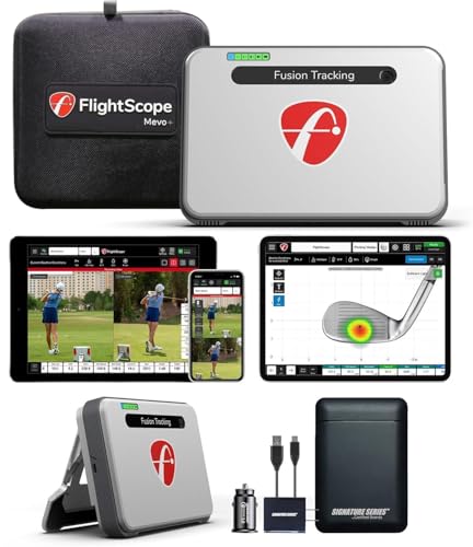 Image of FlightScope Mevo+ Portable Golf Launch Monitor, Rangefinder and Simulator with Signature Power Bundle | 20+ Full Swing & Short Game Data Stats, 12 Courses, 17 Practice Ranges Included