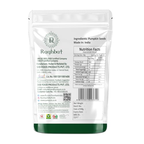 Image of Raghbat Pumpkin Seeds, 500g, Rich in Protein, Dietary Fibre, Magnesium & Phosphorus, Raw & Unroasted Pumpkin Seeds, Source of Iron & Zinc, Handpicked Seeds, Resealable Pack