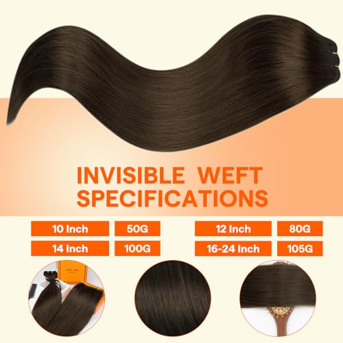 Image of Full Shine Brown Weft Hair Extensions Real Human Hair Straight Remy Hair Bundles 105G Double Weft Extensions Dark Brown Sew In Hair Extensions Human Hair Weave Extensions Hair Wefts 24 Inch