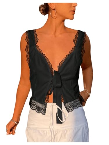 SOLY HUX Women's Y2k Lace Trim Open Tie Front Tank Top V