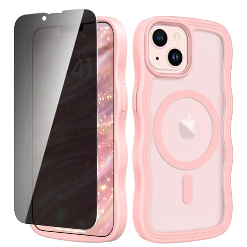VEGO for iPhone-14-Case: iPhone 13 Case with Privacy Screen Protector Translucent Matte Back Cover [Compatible with MagSafe] Shockproof Drop Protection Rugged Case for iPhone 13/14 Women Men - Pink