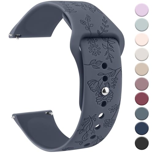 Meliya 20mm 22mm Flower Engraved Watch Bands Quick Release Replacement Wristband, Soft Silicone Bands Waterproof Sport Replacement Straps for Women Men (Blue Gray, 20mm)
