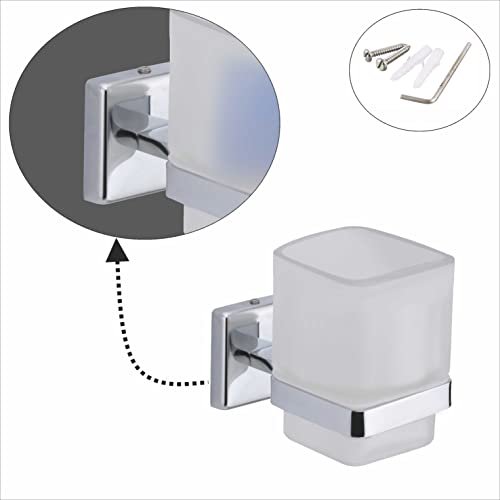 Image of Premium Wall Mounted Toothbrush Holder with Frosted Glass Tumbler | SUS 304 Stainless Steel Rustproof Toothpaste & Brush Stand for Bathroom | Chrome Finish (SQ 2707O)