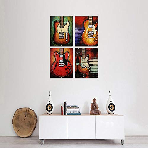 Music Wall Art Abstract Guitar Canvas Red Purple Prints Paintings Home Decor Decal Life Pictures 4 Panel Large Posters Hd Printed For Bedroom Living Room Artwork Framed Ready To Hang(20"X28",4 Panels) #TOP1