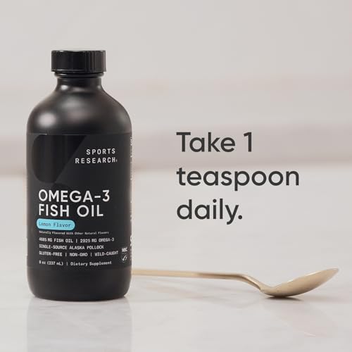 Image of Sports Research Omega-3 Fish Oil, 8oz Glass Bottle - 4685mg of Wild Caught Alaska Pollock Fish Oil per Serving - Easy-to-Take Liquid . Lemon Flavor . Non-GMO . MSC Certified Sustainable - 48 Servings