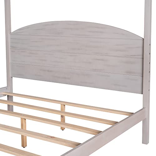 Canopy Bed Frame Queen Wood 4-Poster Panel Beds Modern Queen Size Platform Bed With Headboard, No Box Spring Needed, Gray Wash #TOP7