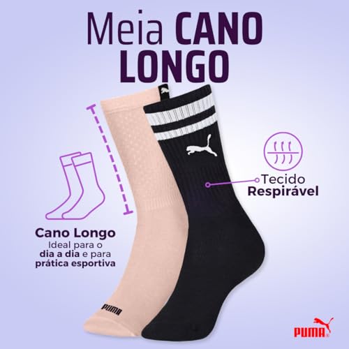 Kit 04 Pares MEIA ESPORTIVA CANO LONGO - PUMA | 2 Pretas -1 Rosa - 1 Branca | 34-39