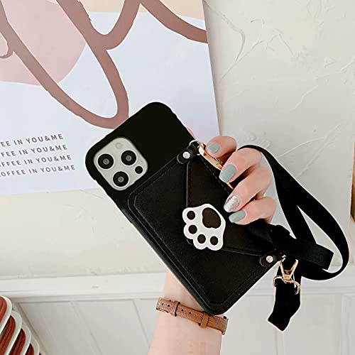 Shinyzone Crossbody Case for OnePlus Nord N200 5G,Cute Cat Paw Coin Purse Credit Card Holder Wallet Case with Adjustable Detachable Lanyard Strap for Women Girls,Black