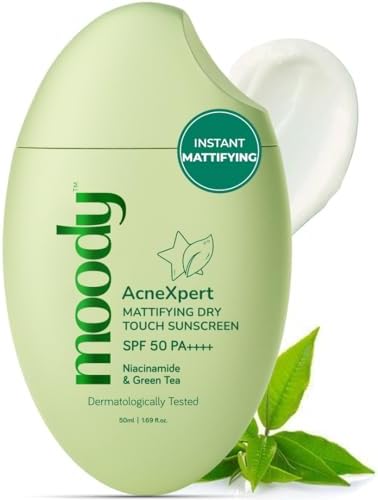 Moody AcneXpert Sunscreen Ultra Matte Gel SPF 50 PA++++ with Niacinamide & Green Tea | Sunscreen for Oily & Acne Prone Skin | Water & Sweat Resistant | No White Cast, Non-Greasy & Non-Comedogenic | 50ml
