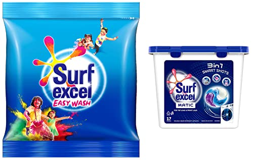 Image of Surf Excel Easy Wash Detergent Powder, 5 Kg & 3 In 1 Smart Shots Unit Dose Liquid Detergent For Both Front Load & Top Load Washing Machines, 17 Units (Model Number: Senb100)