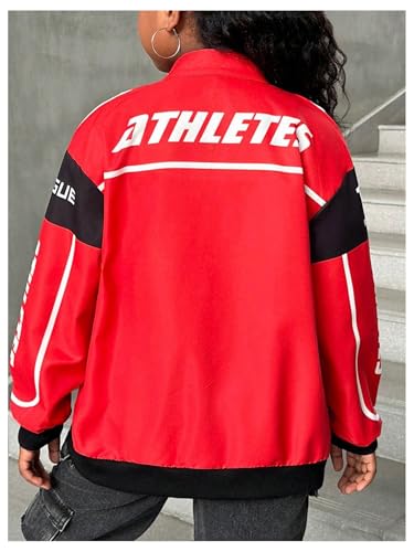 WDIRARA Girl's Color Block Zip Up Bomber Jacket Letter Graphic Long Sleeve Outerwear3