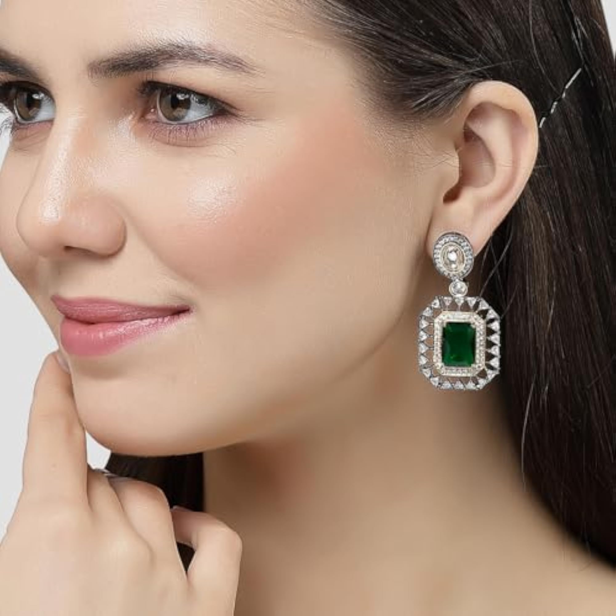 Black Silver Plated Lime Green American Diamond Studded Drop Earrings