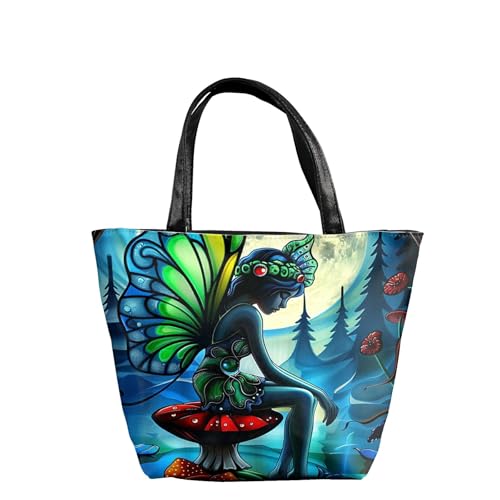 Bolsas de viagem de couro para mulheres, bolsa de ombro com zíper, bolsa de ombro feminina com alça superior, Menina borboleta azul, 9.3' x 11.8'