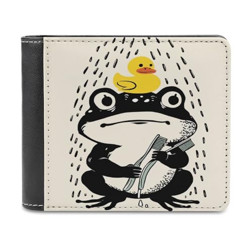 Frog With Duck And Toothbrushes Shower Scene Slim Bifold Wallet for Men Women, Fashion PU Leather Credit Card Holder with Double-Sided Pattern, Portable Money Organizer Purse, Best Gifts for Boys & Te