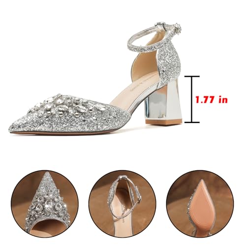 Women's Comfort Leather Rhinestones Chunky Heel Pumps,Fashion Sexy Closed Pointed Toe Slip-On Ankle Strap Block Heels,for Wedding Party Business Dressy Shoes4