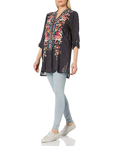 Johnny Was Women's Long Sleeve Rayon Tunic with Contrast Embroidery, Graphite, XS