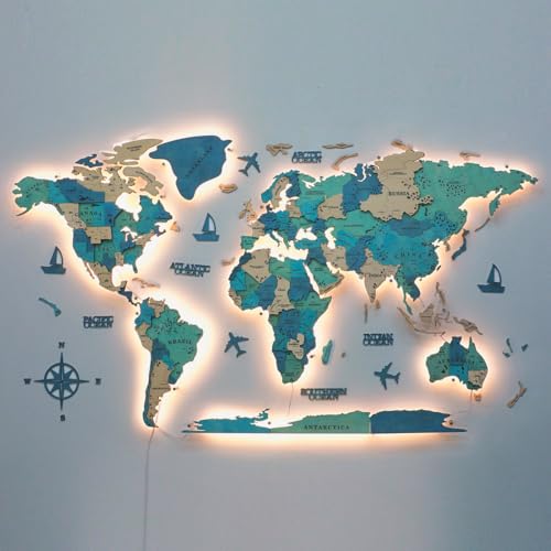 insulvuku Multilayered 3D LED Wood World Map Wall Art Large Wall Décor Housewarming Gift Idea Wood Wall Art World Travel Map with Backlighting For Home & Kitchen or Office (LED, Green) (L)