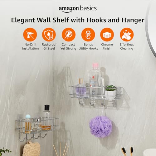 Image of Amazon Basics Self-Adhesive Wall Shelf - No-Drill Multipurpose Bathroom /Kitchen Organizer with Hooks and Towel Holder, Rust Proof GI Steel Organizer | Chrome, 28.2 x 9.8 x 11.5 cm, Pack of 3