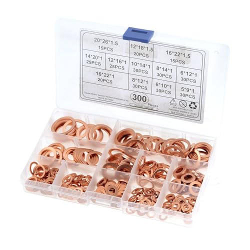 300pcs/box copper Washer Gasket Nut and Bolt Set Flat Ring Seal Assortment Kit with Box M5/M6/M8/M10/M12/M14 for Sump Plugs