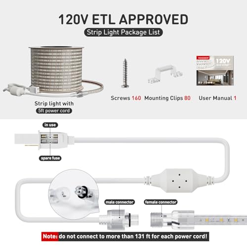 Shine Decor LED Strip Light Easy Connectable, 2800K Warm White Cold Resist Weatherproof Plug-in for Indoor Outdoor, 101 LM/FT Dimmable Bright Eco Rope Lighting 131FT, 120V Whole Set ETL Listed by Shine Decor - Image 7