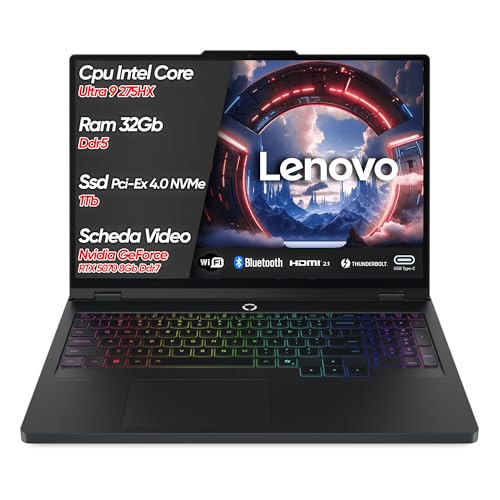 Lenovo Legion Pro 5 Pc Gaming Portatile ULTRA 9 275HX 20 Core, 32 GB RAM DDR5, GeForce RTX 5070 8GB, SSD 1TB, Notebook Gaming Oled Display 16' 165Hz,Laptop Gaming Tastiera RGB, WiFi 7, Thunderbolt 4