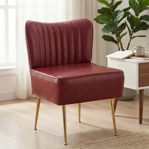 JYFN Modern Leather Accent Chair Single 1 Pack, Vintage Slipper Chair with Heavy Duty Iron Frame & Gold Legs, Mid Century Side Sofa Chair for Living Room Office（Wine Red）