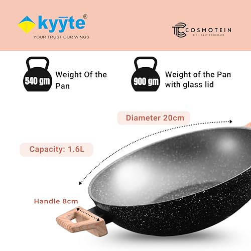 Image of kyyte CosmoTein Die Cast Non Stick Kadhai with Glass Lid 20 cm Dia 1.6L,Curry,Dal,Nonstick Kadai Wok with 5 Layer Coating,Gas &Induction Stove Friendly,Dishwasher Safe,PFOA&PFOS Free, Safe&Toxic-Free.