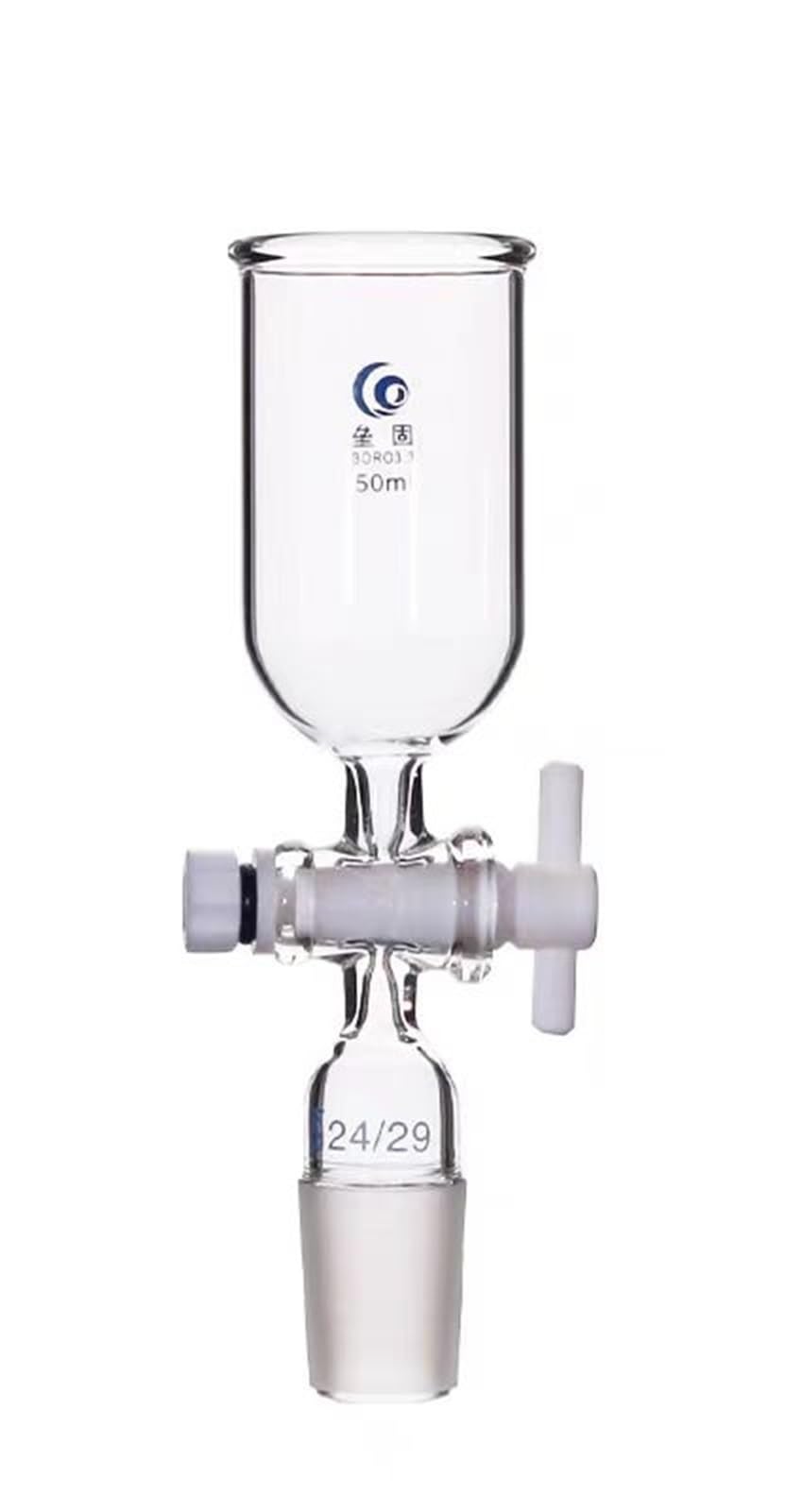 1 x transparenter zylindrischer Glas-Futtertrichter mit PTFE-Kolben, 19#24#, mattiertes Standardgelenk für Laborunterrichtswerkzeuge (200 mm Gelenk Nr. 24)
