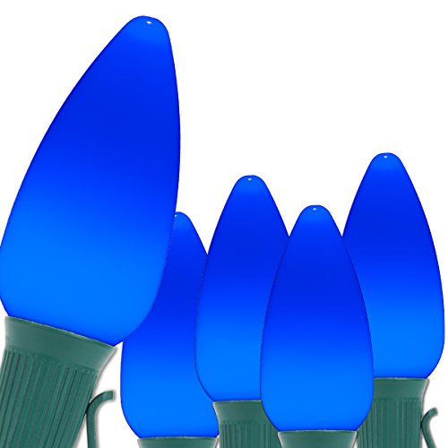 Wintergreen Lighting C9 OptiCore LED Blue Outdoor Christmas Lights  Heavy Duty Commercial Ceramic Style Bulbs on 18 Gauge Green Wire (100 Lights, 100 ft, Blue Smooth/Opaque)