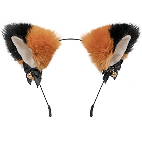 猫耳 カチューシャ 鈴付き ヘッドバンド 獣耳 狐耳 コスプレ ハロウィン 仮装 コスチューム (ブラウン+ブラック)