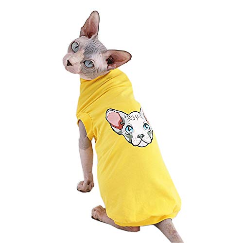 Sphynx Hairless Cat Breathable Summer Cotton Shirts Pet Clothes, Yellow Pullover Kitten Vest T-Shirts Sleeveless, Cats & Small Dogs Apparel Solid Color (M (4.4-5.5 lbs), Yellow)