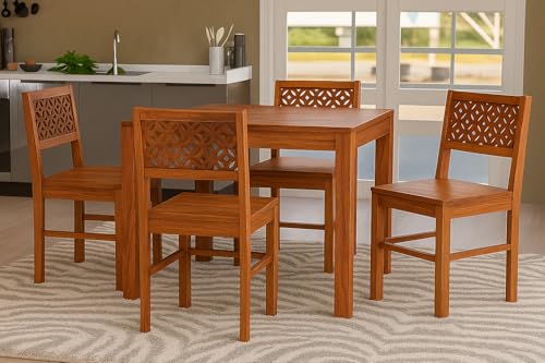 Image of 45 Inch Length Solid Sheesham Wood 4 Seater Dining Table Set | Four Seater Dinner Table with 4 Chairs | Dinning Table Set 4 Seater for Living Room | Wooden Table & Chair Set | Honey Finish