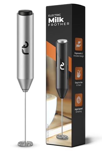 Roe Tenpo Handheld Milk Frother with Stainless Steel Whisk - Ergonomic Compact Easy to Clean Portable Battery-Operated Coffee Frother for Cappuccino Frappe Matcha Hot Chocolate (Silver)