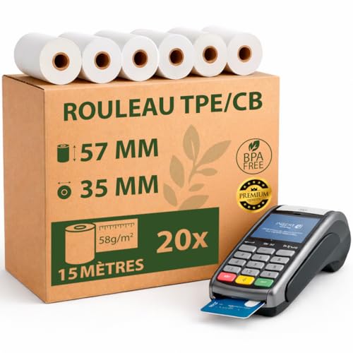 Rouleaux TPE/CB 57x35 – Papier Thermique pour Carte Bancaire – 15 m – Lot de 20 – Sans BPA