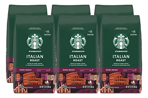 Starbucks Ground Coffee, Italian Roast, Dark Roast Coffee, Notes of Dark Cocoa & Toasted Marshmallow, Ground 100% Arabica Coffee, 12-Ounce Bag (Pack of 6)