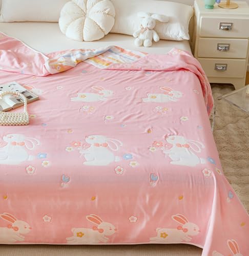 MEJU Rabbit Flower Bunny Pink Muslin Blanket Throw All Season for Kids Boys Girls Bed Sofa Couch,100% Cotton 6 Layer Soft Warm Reversible Comforter Blanket Bed Coverlet Decor Twin 60 in x 80 in