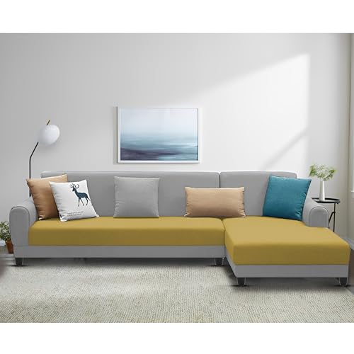 Image of Kraven RHS 6 Seater L Shape Sofa Set for Living Room (Yellow Grey Fabric) Premium Fabric Sofa